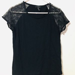 Black Sheer-Contrast Cap-Sleeve Top size S